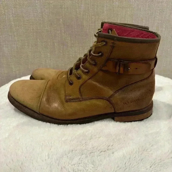 Ted Baker Men's Brown Leather Lace Up Canvas Cap Toe Lug Sole Boots Size 11 - Picture 4 of 8
